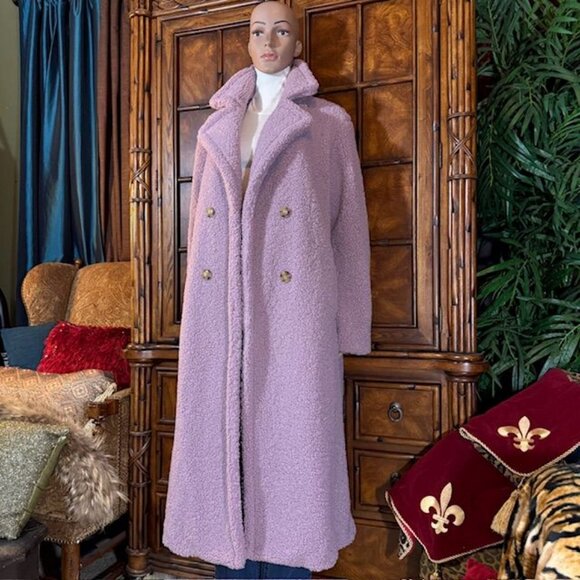 G by Giuliana Black Label Lavender Faux Shearling Teddy Double Breast Long Coat - Picture 2 of 10